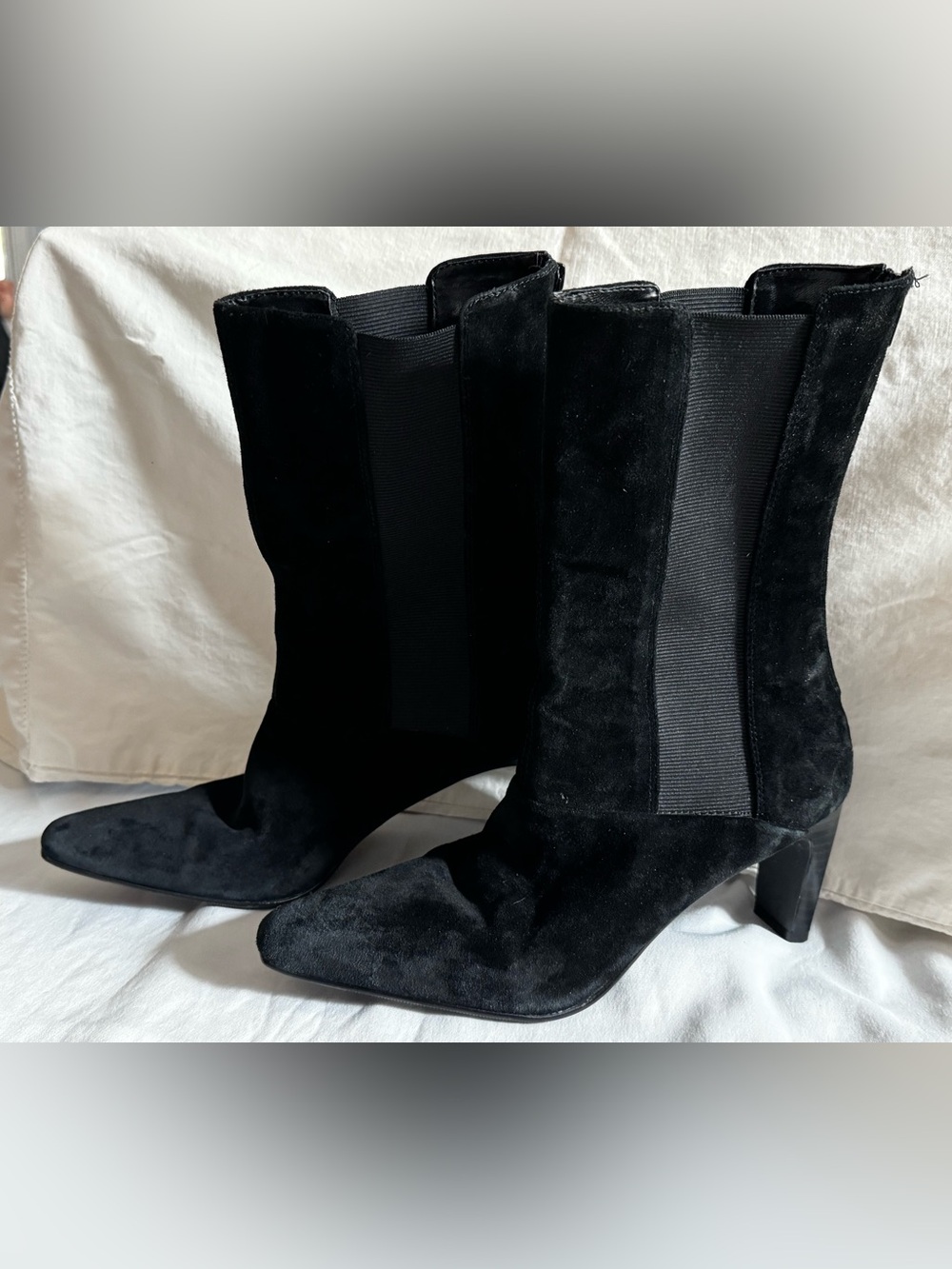 Newport News Black Suede Stretch Mid-Calf Boots Size 7 Block Heel